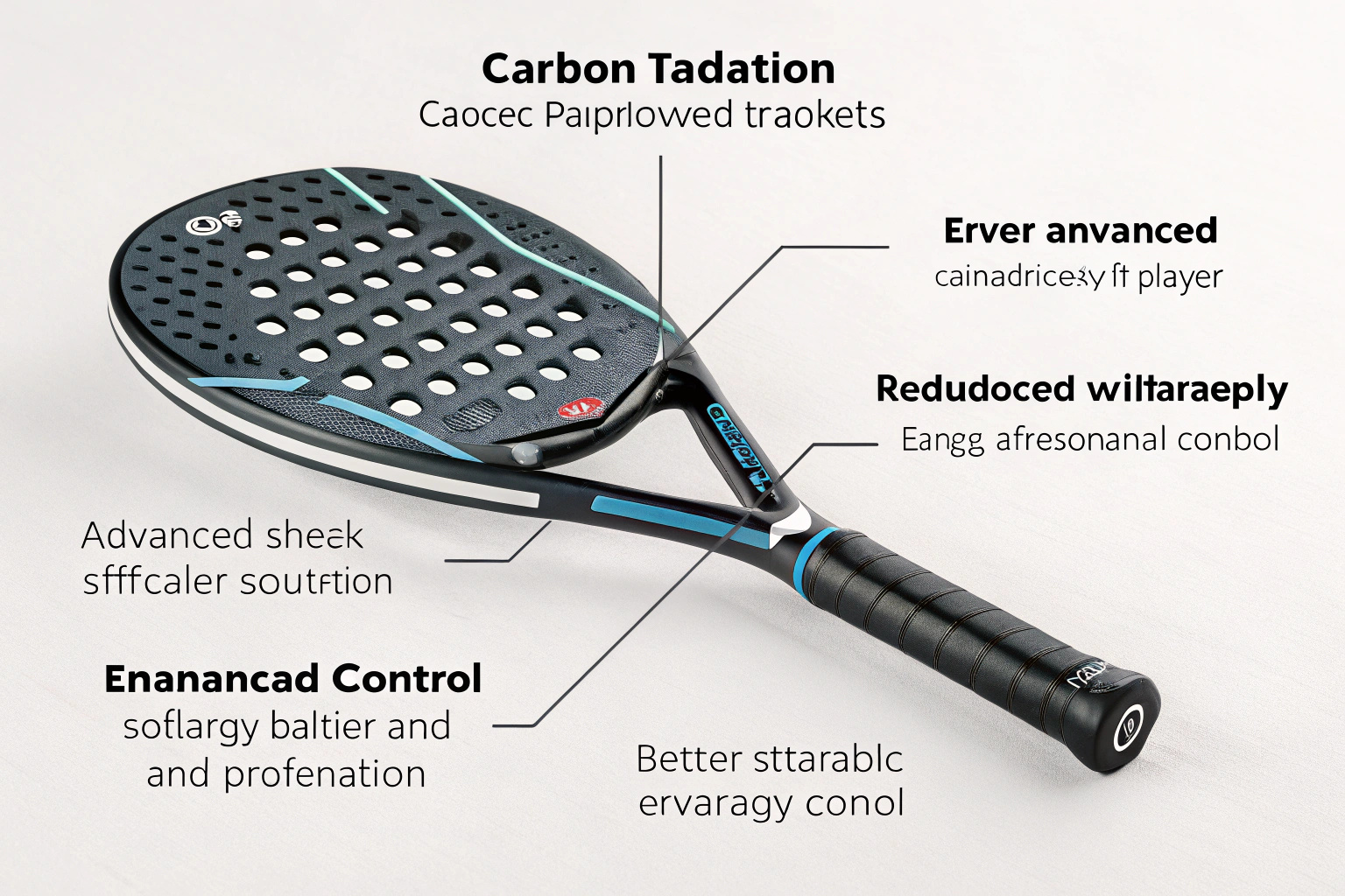 Carbon racket with shock-absorbing frame designed for stability and vibration reduction.